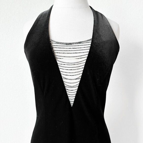 Vintage Black Velvet V-Neck Bodycon Maxi Cocktail Formal Prom Dress Size M/L - Picture 5 of 7